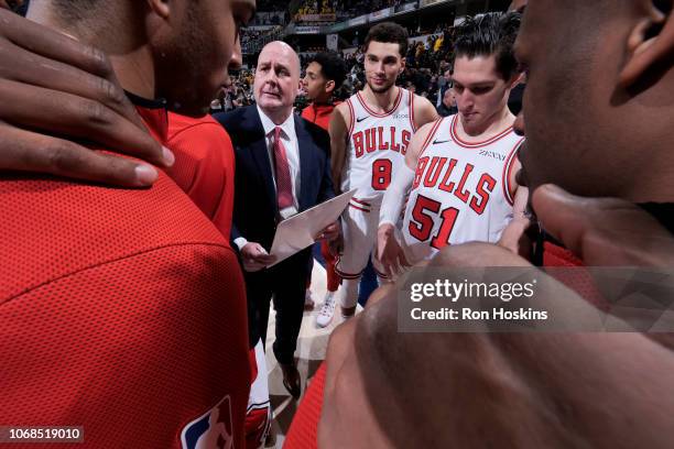 Head Coach Jim Boylen of the Chicago Bulls leads a huddle during the game against the Indiana Pacers on December 4, 2018 at Bankers Life Fieldhouse...