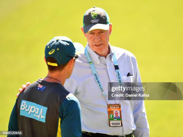 Justin Langer, coach of Australia speaks with Australian Selector Greg Chappell during an Australian training session at Adelaide Oval on December 5,...