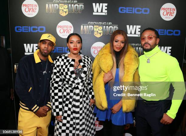 Growing up Hip Hop cast members Jojo Simmons, Angela Simmons, Vanessa Simmons, and Romeo Miller attend the "Growing Up Hip Hop" season 4 party on...