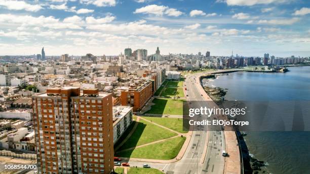 aerial view, high angle view of montevideo's coastline, drone point of view, ciudad vieja neighbourhood, uruguay - montevideo stock pictures, royalty-free photos & images