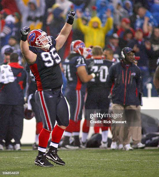 Kyle Williams of the Buffalo Bills celebrates after the Bills win their first game of the season against the Detroit Lions at Ralph Wilson Stadium on...