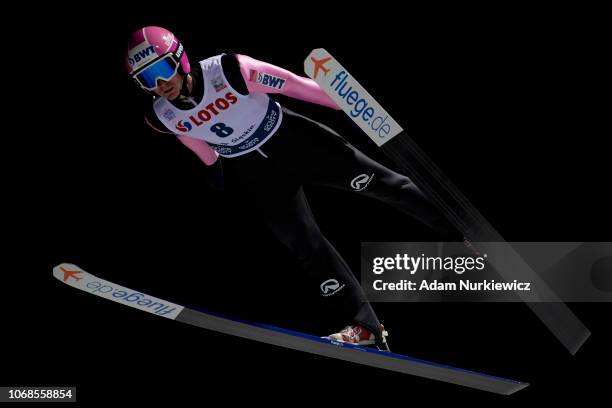 Lukas Hlava from Czech Republic soars through the air while qualification of Men"u2019s Individual HS134 on November 16, 2018 in Wisla, Poland.