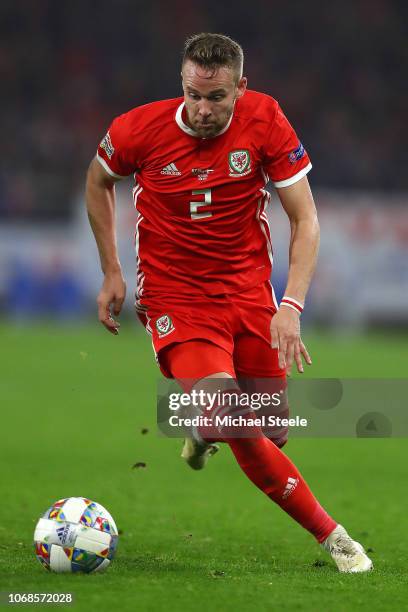 Chris Gunter of Wales during the UEFA Nations League B group four match between Wales and Denmark at Cardiff City Stadium on November 16, 2018 in...