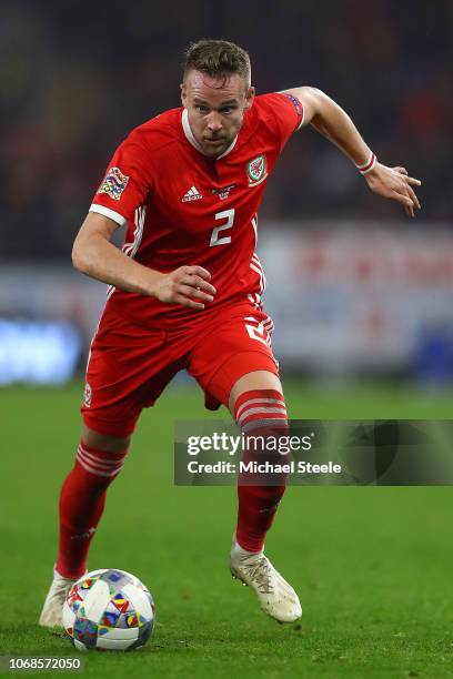 Chris Gunter of Wales during the UEFA Nations League B group four match between Wales and Denmark at Cardiff City Stadium on November 16, 2018 in...