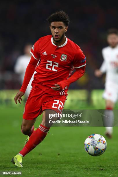 Tyler Roberts of Wales during the UEFA Nations League B group four match between Wales and Denmark at Cardiff City Stadium on November 16, 2018 in...