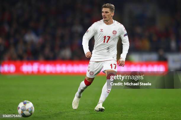 Jens Stryger Larsen of Denmark during the UEFA Nations League B group four match between Wales and Denmark at Cardiff City Stadium on November 16,...