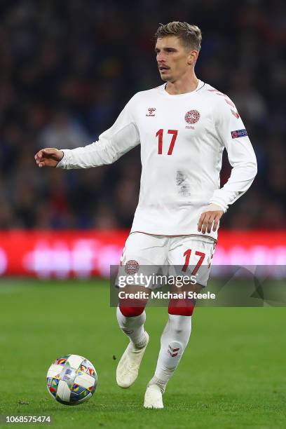 Jens Stryger Larsen of Denmark during the UEFA Nations League B group four match between Wales and Denmark at Cardiff City Stadium on November 16,...