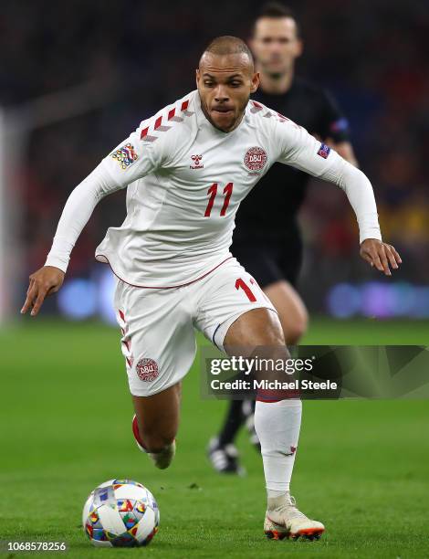 Martin Braithwaite of Denmark during the UEFA Nations League B group four match between Wales and Denmark at Cardiff City Stadium on November 16,...