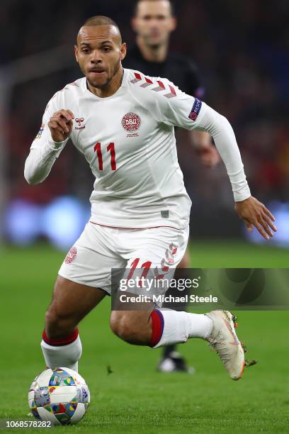 Martin Braithwaite of Denmark during the UEFA Nations League B group four match between Wales and Denmark at Cardiff City Stadium on November 16,...