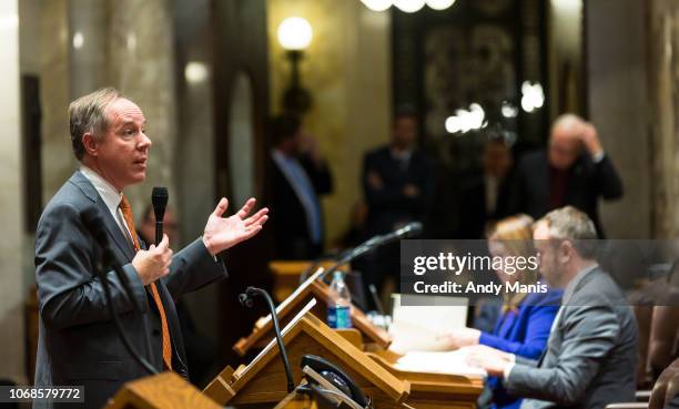 Wisconsin Assembly Speaker Robin Vos addresses the Assembly during a contentious legislative session on December 4, 2018 in Madison, Wisconsin....