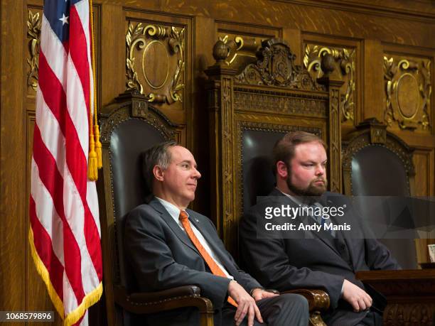 Wisconsin Assembly Speaker Robin Vos and Speaker Pro Tempore Tyler August listen as Democrats address the Assembly during a contentious legislative...