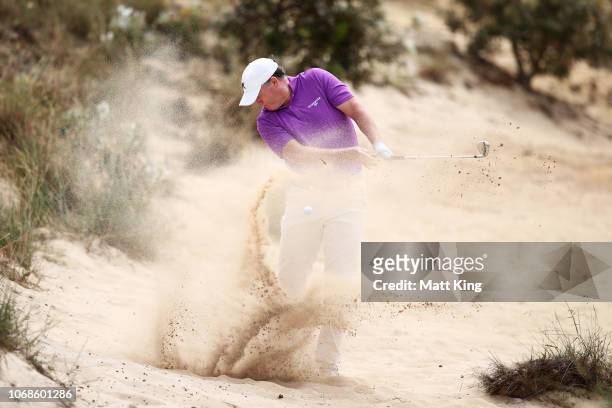 Marcus Fraser of Australia hits out of the sand on the 1st hole during day three of the 2018 Australian Golf Open at The Lakes Golf Club on November...