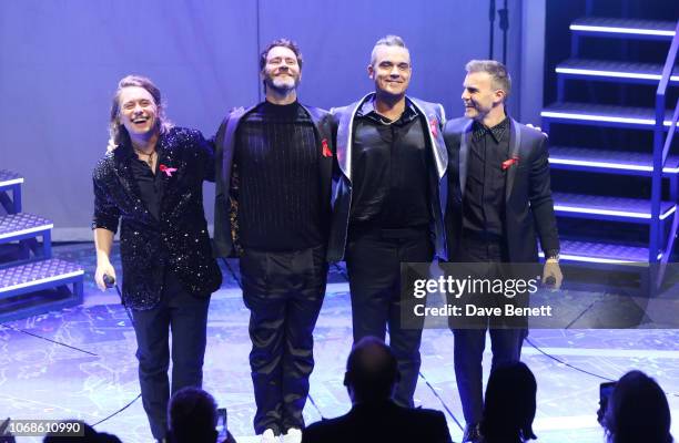 Mark Owen, Howard Donald, Robbie Williams and Gary Barlow of Take That perform at the Opening Night Gala of "The Band" to benefit the Elton John AIDS...