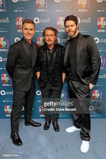 Gary Barlow, Mark Owen and Howard Donald of Take That attend the Opening Night Gala of "The Band" to benefit the Elton John AIDS Foundation supported...