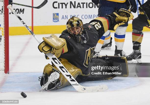 Marc-Andre Fleury of the Vegas Golden Knights blocks a St. Louis Blues' shot in the third period of their game at T-Mobile Arena on November 16, 2018...