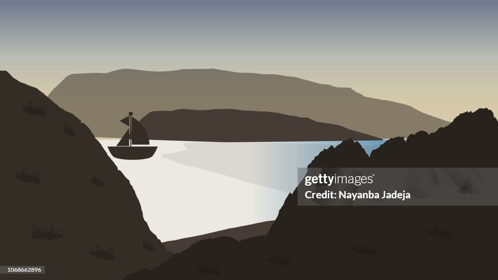Digital Landscape vector illustration mountains, rivers, sky