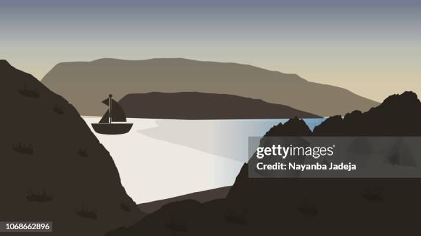 digital landscape vector illustration mountains, rivers, sky - k2 stock illustrations