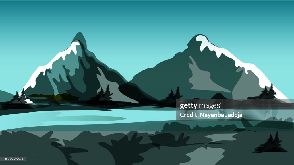 Digital Landscape vector illustration mountains, rivers, sky