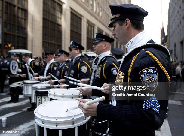 Members of the NYPD Marching Band prepare for the 245th Annual St. Patrick's Day Parade on 5th Avenue in New York City on March 17, 2006