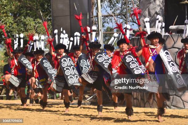 Naga tribesman from Ao tribes performs on the fifth day of the Hornbill festival at Kisama Village, some 10 kms away from Kohima, the capital city of...
