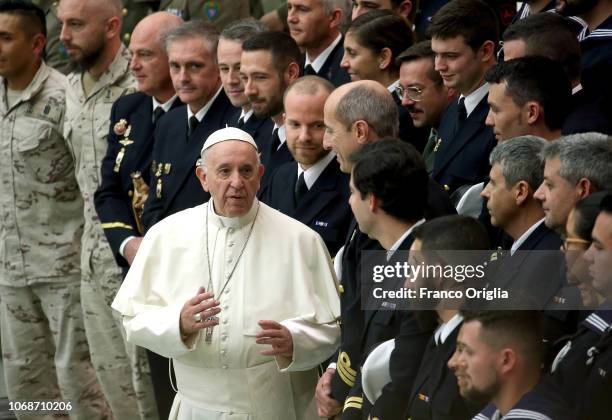 Pope Francis greets Italian soldiers during his weekly audience at the Paul VI Hall on December 5, 2018 in Vatican City, Vatican.