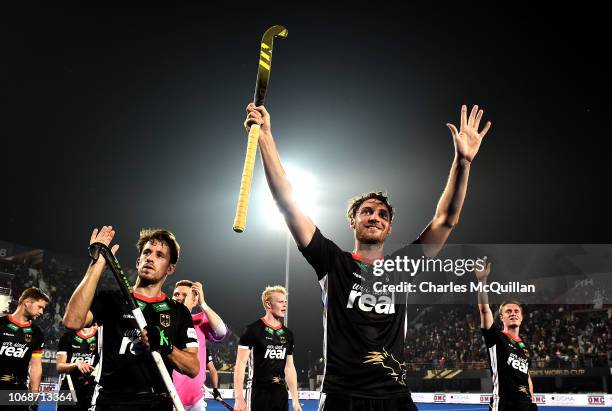 Dieter Linnekogel of Germany celebrates during the FIH Men's Hockey World Cup Group D match between Germany and Netherlands at Kalinga Stadium on...