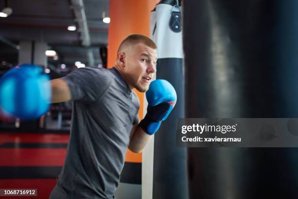 young athlete practicing boxing on punching bag - combat sport stock pictures, royalty-free photos & images