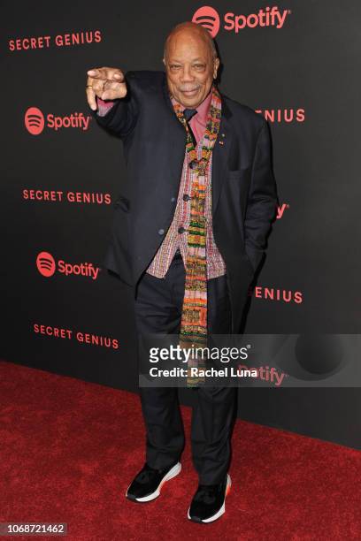 Quincy Jones attends Spotify's 2nd Annual Secret Genius Awards at The Theatre at Ace Hotel on November 16, 2018 in Los Angeles, California.