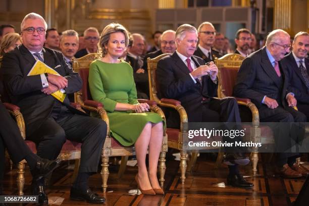 Prince Laurent, Queen Mathilde, King Philip of Belgium and King Albert II, attend "The Fight against Trafficking Human Beings" session at the Royal...