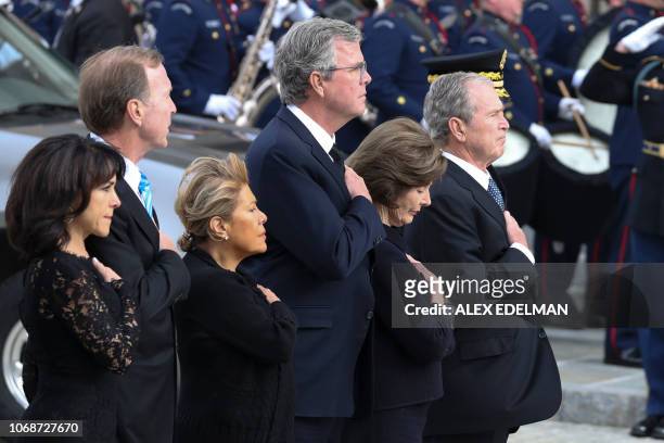 Maria Bush, Neil Bush, Columba Bush, former Florida Governor Jeb Bush, former First Lady Laura Bush and former US President George W. Bush arrive for...