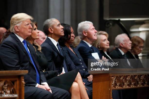 From left, President Donald Trump, first lady Melania Trump, former President Barack Obama, former first lady Michelle Obama, former President Bill...