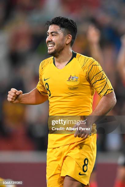 Massimo Luongo of Australia celebrates scoring his teams first goal during the International Friendly match between the Australian Socceroos and...