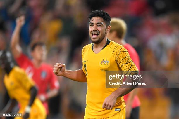Massimo Luongo of Australia celebrates scoring his teams first goal during the International Friendly match between the Australian Socceroos and...