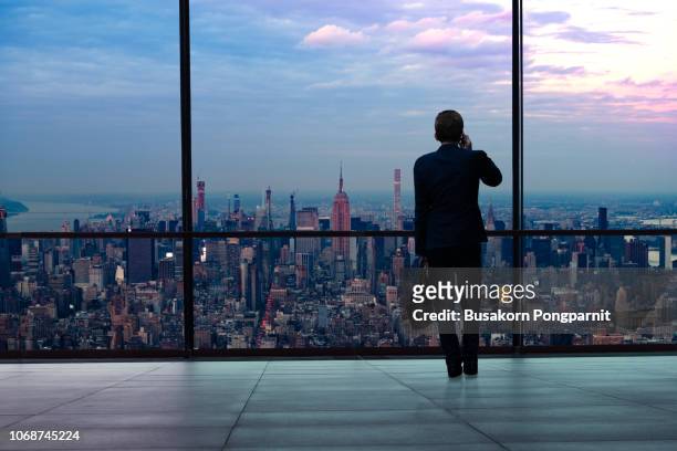 businessman talking on cellphone while standing neal large window in modern office building and looking on urban landscape. new york city - new york state landscape stock pictures, royalty-free photos & images