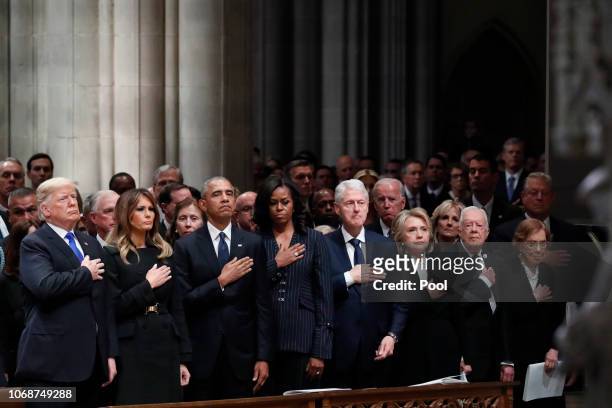 From left, President Donald Trump, first lady Melania Trump, former President Barack Obama, former first lady Michelle Obama, former President Bill...