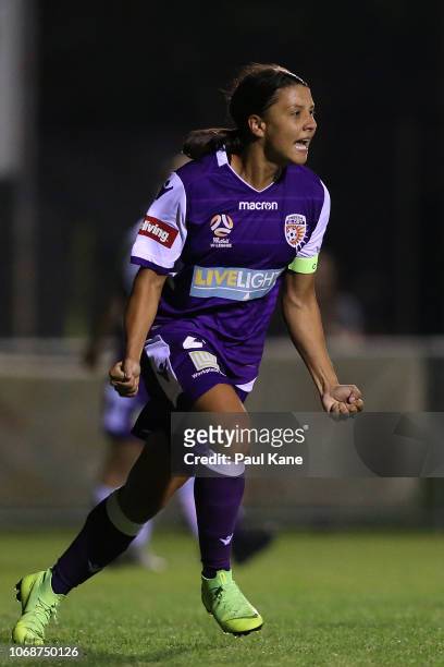 Samantha Kerr of the Perth Glory celebrates a goal during the round three W-League match between Perth Glory and the Western Sydney Wanderers at...