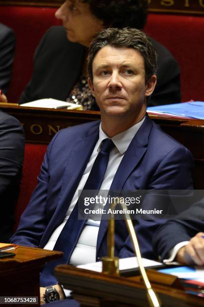 French Government Spokesman Benjamin Griveaux reacts as Ministers answer deputies during the weekly session of questions to the government at...