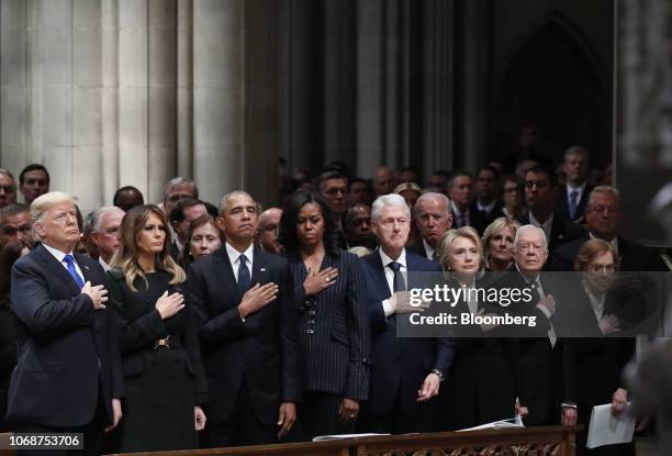 President Donald Trump, from left, U.S. First Lady Melania Trump, former U.S. President Barack Obama, former U.S. First Lady Michelle Obama, former...