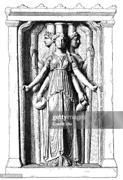 triform of hecate, goddess of magic, theurgy, necromancy, marble statue - magic sculptures stock illustrations