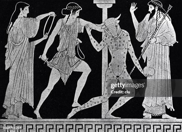 theseus fighting against the minotaur - theseus stock illustrations