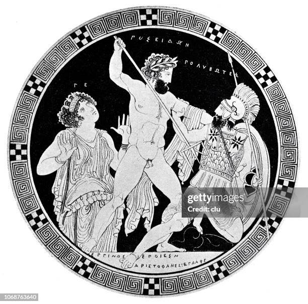 poseidon fights against the giant polybotes - god stock illustrations