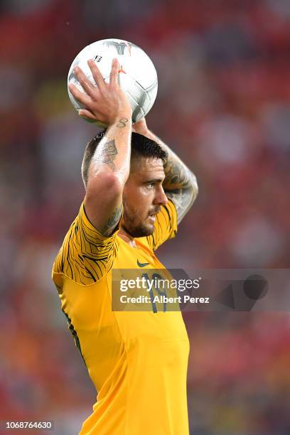 Josh Risdon of Australia looks to throw the ball in during the International Friendly match between the Australian Socceroos and Korea Republic at...