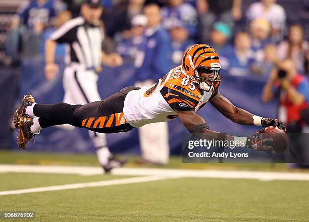 Chad Ochocinco of the Cincinnati Bengals reaches for a pass during the Bengals 23-17 loss to the Indianapolis Colts in the NFL game at Lucas Oil...