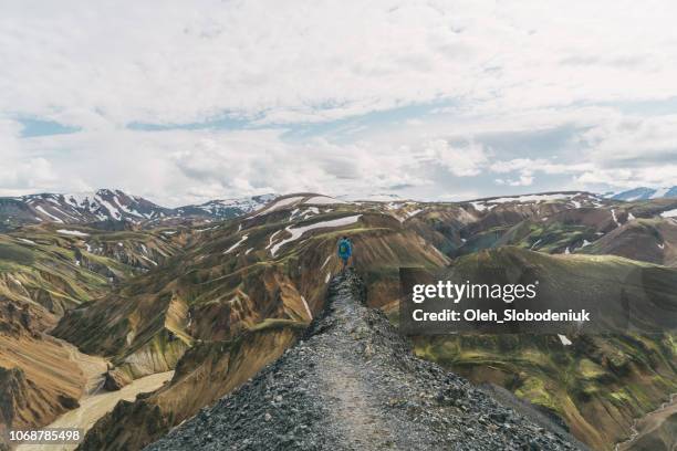man wandelen in de buurt van kleurrijke bergen van landmannalaugar in ijsland - central iceland stockfoto's en -beelden