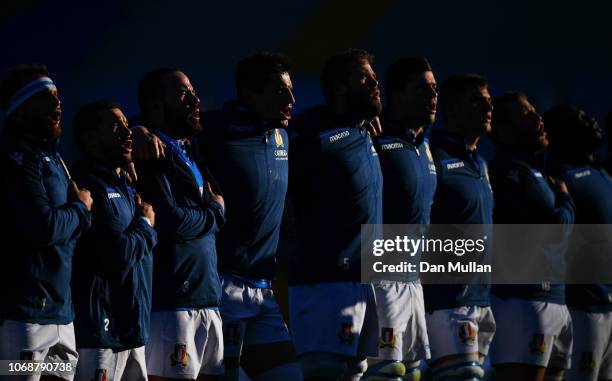 Italy players sing the national anthem prior to the international friendly between Italy and Australia at Stadio Euganeo on November 17, 2018 in...