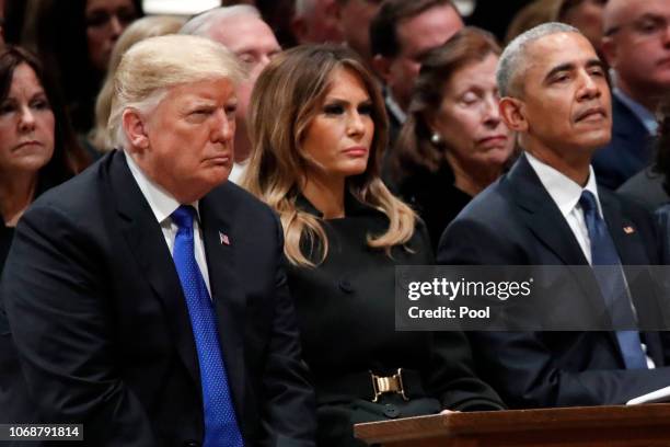 President Donald Trump, first lady Melania Trump and former President Barack Obama listen as former Canadian Prime Minister Brian Mulroney speaks...