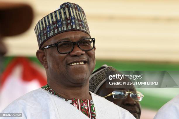 Vice Presidential candidate of the opposition Peoples Democratic Party Peter Obi smiles during a campaign rally in Ilorin, north-central Nigeria, on...