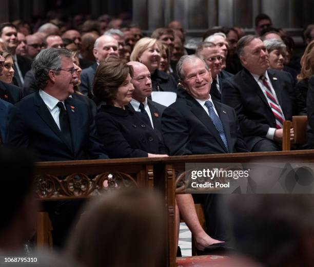 Columba Bush, Jeb Bush, Laura Bush and former President George W. Bush attend the state funeral service of former President George W. Bush at the...