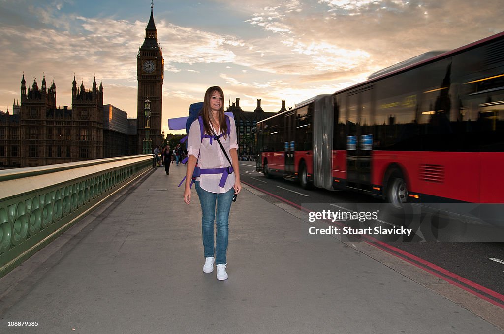 Young Woman with Backpack, Westminster Bridge
