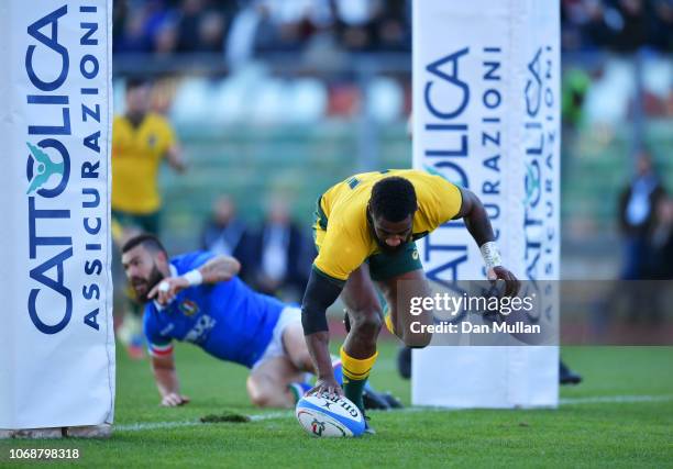 Marika Koroibete of Australia touches down for their first try during the international friendly between Italy and Australia at Stadio Euganeo on...